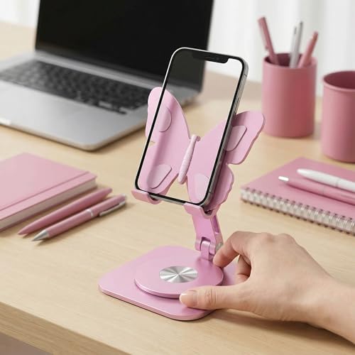 EYDHCN Butterfly Phone Stand 360° Rotating Adjustable Aluminum Desktop Holder for All Smartphones Foldable Portable Stand Design Foldable Dock for Home Office Travel (Blue)