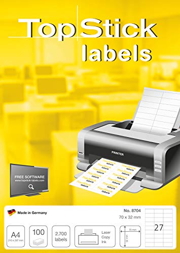 TopStick 8704 Multi-Purpose Labels, 27 Labels Per A4 Sheet, 70 x 32 mm, 27000 Labels, Self Adhesive, Small Stickers for Laser and Inkjet Printers, White