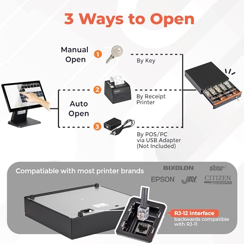 Volcora Cash Register Drawer for Point of Sale POS System with Round Corners 16", Removable Coin Tray, 5 Bill 8 Coin, 12-24V RJ11/12 Key-Lock Media Slot, Money Drawer for Business, Orange Bar/Black