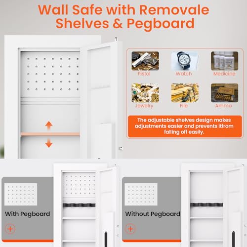 kavey 47.24" Wall Safe Between the Studs, Hidden Safe with Pegboard & LCD Keypad, Digital In Wall Gun Safe with 3 Removable Shelves, Magnetic Gun Slot, In Wall Safe (White-Digital)