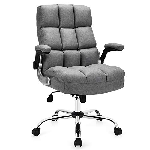 GIANTEX Executive Office Chair, Big and Tall Ergonomic Computer Chair, Adjustable Tilt Angle and Flip-up Armrest Linen Fabric Upholstered Chair with Thick Padding, High Back Managerial Chair (Grey)