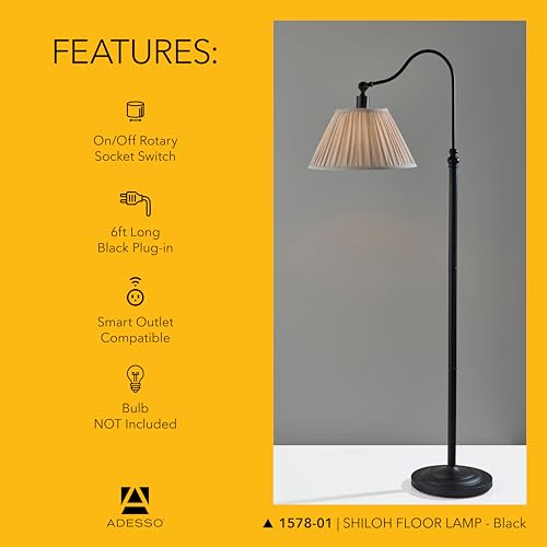 Adesso Floor Lamp, Black & Oatmeal, Pleated Shade, Curved Arm, 63”