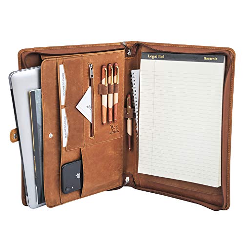 Gavarnie Genuine Leather Business Portfolio Padfolio Folder with Zipper for Men, Men's Leather Padfolio Folder for 13" Laptop, Business Portfolio for Letter Size Notepad, Graduation Gift，Brown