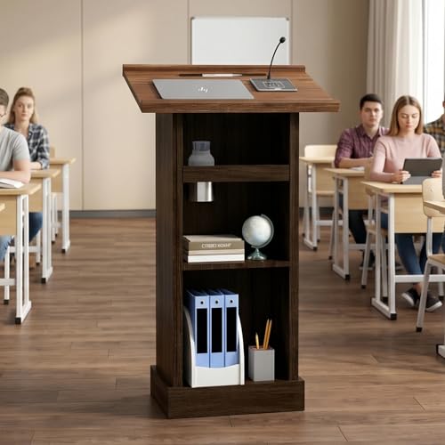 Zevemomo Wooden Podium Stand with Storage, Cup Holder, Brown