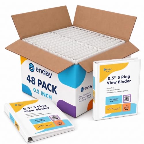 Enday 0.5 in Bulk 48Pack White 3 Ring Binder Clear View Presentation Binder 3-Ring Presentation View Binder with Internal Pockets Heavy Duty Bulk Pack for School, Teacher Classroom & Office Supplies.