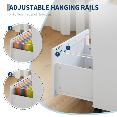 3-Drawer Rolling File Cabinet with Lock - Wooden Mobile Filing Cabinet for Home Office, Under Desk Storage Organizer fits Letter/A4/Legal Size, Sturdy Printer Stand with Locking Casters, White