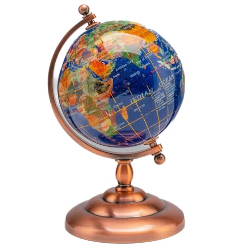 KALIFANO 7” Tall Gemstone Globe with Vibrant Polished Lapis Ocean and Mosaic Crystal Continents - World Globe with Metal Stand for Office & Home Décor