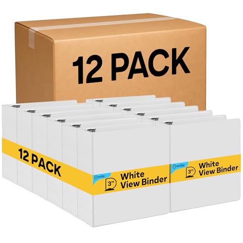 3 Inch Binders 3 Ring, White 3 Inch Round Ring Binder with Clear View Cover & 2 Inside Pockets, School Supplies Binders (12 PC) – by Enday