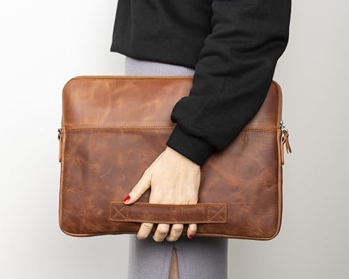 VENOULT Genuine Leather Laptop & Tablet Sleeve – Slim Design, Fits Devices up to 12" - 16" – Customizable Design, Soft Suede Lining, Lightweight Case for (Dark Brown, up to 16" Devices)