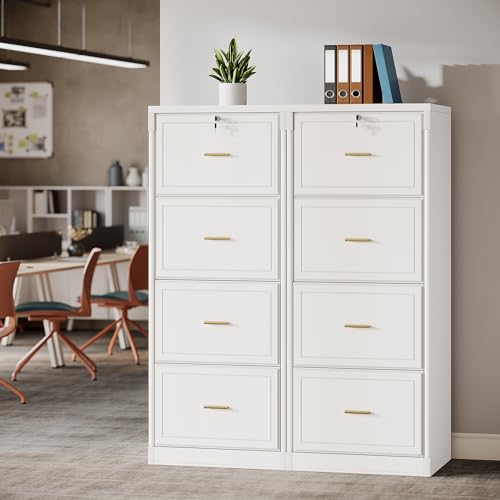 LITTLE TREE 4-Drawer File Cabinet with Lock, Large Vertical Storage Cabinet, Secure Space-Saver for Home Office, Compatible with A4/F4/Letter/Files, Filing Cabinets for Home Office (White, MDF)