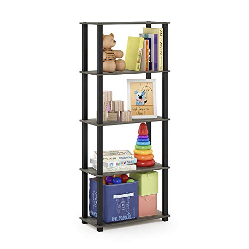 Furinno RATA Book Shelf, 5-Tier Industrial Multipurpose Flat Base Bookshelf, Bookcase with Metal Frame, Narrow, French Oak Grey