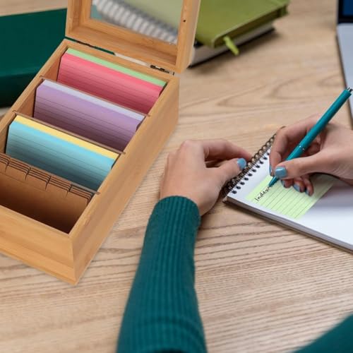 Raxmolo Bamboo Index Card Organizer with 3x5 Index Card Holder Box, Divider Recipe Box with Lid(4 Compartments) for 1200 Cards