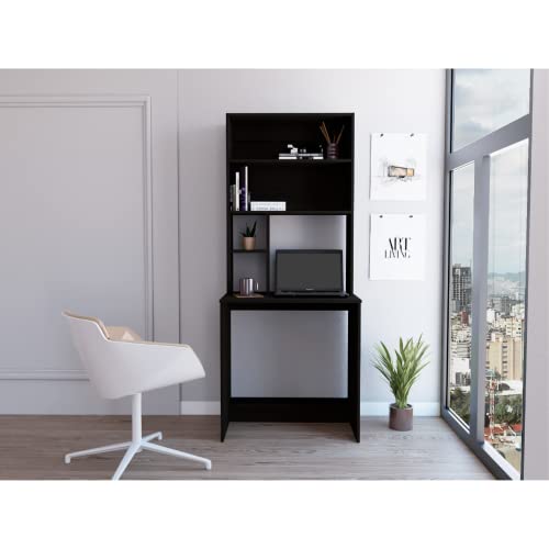 30" Xalo Computer Hutch Desk, Lower Shelf, 4 Shelves, Black – Computer Desk with Integrated Storage for Home Office, Study Room & Compact Workspaces