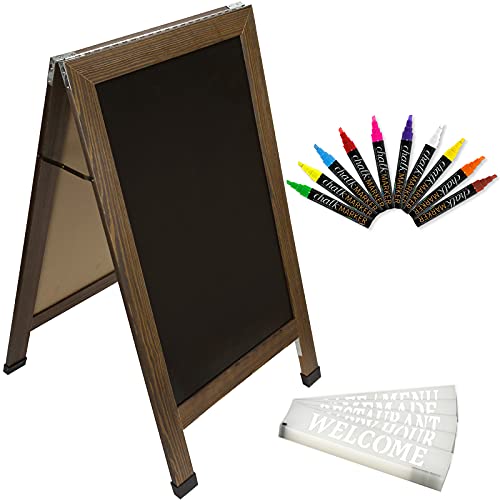 Sandwich Board Sidewalk Chalkboard Sign: Reinforced, Heavy-Duty / 10 Chalk Markers / 40 PIECE Stencil Set/Chalk/Eraser/Double Sided/Large 40x23 Chalk Board Standing Sign A-Frame (Rustic)