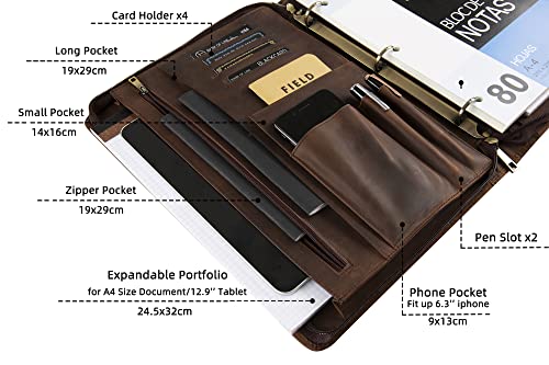 Custom Leather Portfolio, Vintage Binder Engraved, 3 Ring Binder - Handmade Personalized Padfolio for Women & Men - Dark Khaki