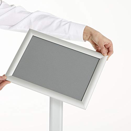 M&T Displays Curved Menu Board, 11x17 Inch Pedestal Sign Holder with 8.5x11 Inch Brochure Holder Silver Floor Standing Aluminum Front Loading Easy Open Poster Message Advertisement Post