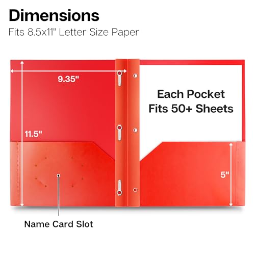 Dunwell Plastic 2-Pocket Folders with 3 Prongs, (24 Pack, Red), Durable Acid-Free Poly is Cleanable, Tear Resistant, 3-Clasp Document Holder, Labels Included
