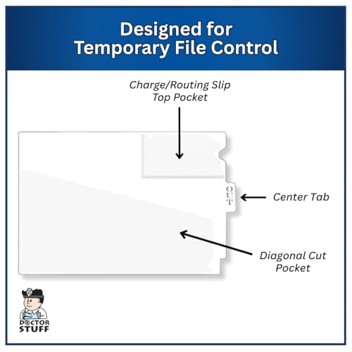 Doctor Stuff - Center Tab Vinyl Out Guides, Diagonal Cut Front Pocket, Top Charge Out Slip Pocket, Plastic File Folder, Letter Size 9" x 13-1/4", White, 100/Box