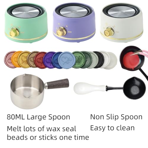 Sealing Wax Warmer Electric with 300Pcs Purple Waxseal Beads, a 80ml Large Spoon, a Non-Slip Melt Scoop, Electric Wax Seal Melting Warmer Furnace Kit(300 Purple White Set)