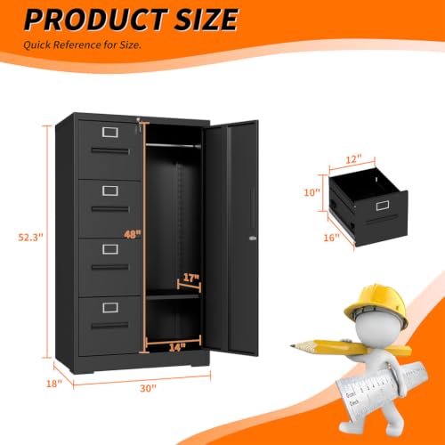 LMAOSS 4 Drawer File Cabinet with Lock, Vertical File Cabinet with Lock, 1 Door, Shelves and Adjustable Hanging Rails, Metal Storage Cabinets for Home, Office, Garage, School,Black