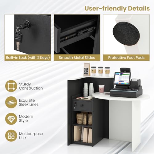 Byroce Reception Desk, Front Desk Reception Counter with Oval Desktop, Open Shelf & Lockable Drawer, Small Retail Checkout Counter Table, Wood Computer Workstation for Home, Office, Lobby & Salon