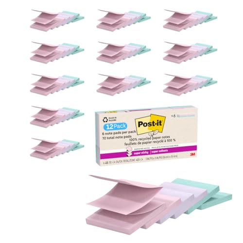 Post-it 100% Recycled Paper Super Sticky Notes, 3 in. x 3 in, 12 Pack