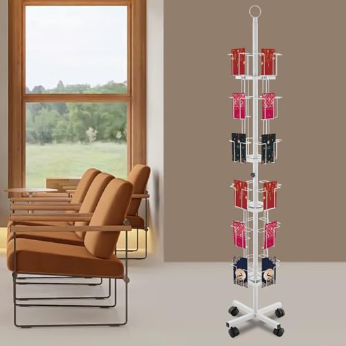Rotating Greeting Card Rack, 24 Pocket 6 Tier Display Stand 360° Rotating Floor Stand Metal Postcard Holder Pocket Rotating Holder w/ 4 Wheels for Postcard Sticker Holiday Gift Card Retail (White)
