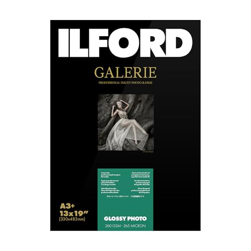 ILFORD Galerie 13x19” (25 sheets) Glossy Photo with high-gloss smooth surface, Instant Dry Archival Photo Inkjet Paper 10mil / 260gsm for Dye and Pigment ink printers, Made in Germany