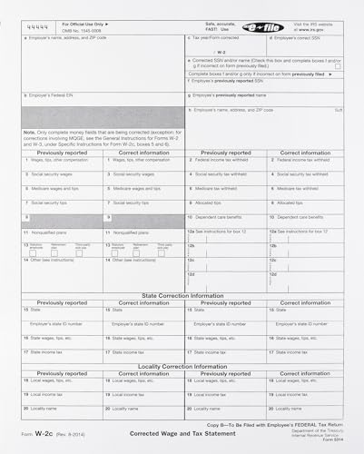 W-2C Tax Forms 4-Part Set, Corrected Wage and Tax Statement, 25 Pack