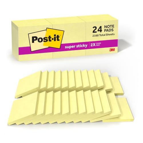 Post-it Super Sticky Notes, 3 x 3 in, Canary Yellow, 24 Pads, 90 Sheets/Pad