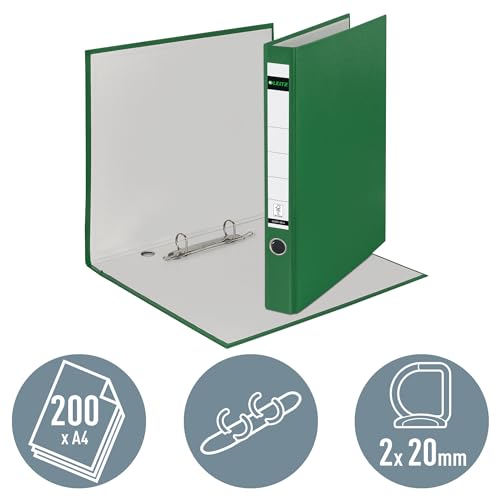 Leitz 10140055 Plastic Ring Binder Without Slots A4, Pack of 5, Green, 3.5 cm Spine Width, PP Laminated Cover