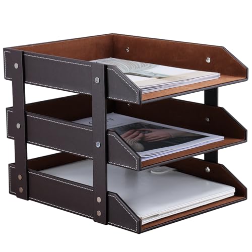 KINGFOM Letter Tray, Leather Paper Organizer Tray, Wooden Desk File Holder, Desktop File, Stackable Magazine Holder, Mail Sorter, Great for Home or Office - 3 Level Brown