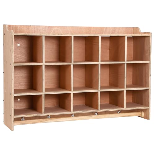 MegaChoice 47Inch Width Cubby Storage Organizer Cubes, Daycare Storage Shelves with 15 Cubbies, Shoe Shelf & Hooks, Wall-Mounted Cubby Organizer for Home, School, Kindergarten