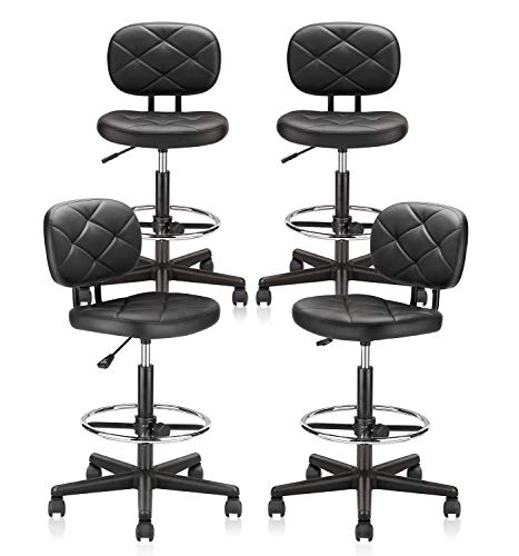 KLASIKA Tall Drafting Rolling Stool Chair with Low Back Support and Adjustable Foot Rest Ring Set of 4 PU Leather Vinly Wide Seat Swivel Standing Desk Chair for Office Home 4 Pack