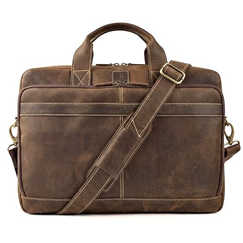 Mens Full Grain Leather Briefcase Fits 16 Inch Laptop, Leather Laptop Messenger Shoulder Satchel, Vintage Professional Work Office Bag - Brown