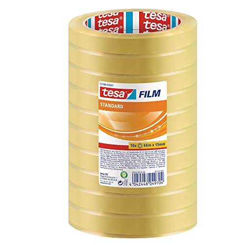 tesafilm Standard Self-Adhesive Clear Tape - Transparent Multi-Purpose Adhesive Tape for Home, Office and School, 66 m x 15 mm - Pack of 10