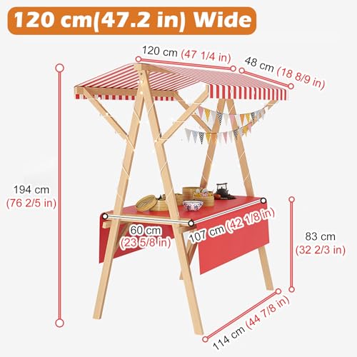 Foldable Market Stalls Display Stand with Canopy, Wooden Business Food Vendor Cart 6 Feet Tall for Street Sale Booth/Craft Show/Festivals Party Decoration(Red 1,Wide 47.2in)
