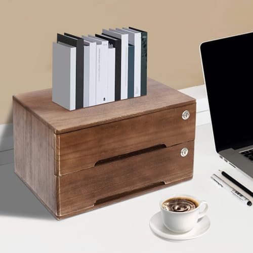 Kaichenyt Wooden Desk Organizer 2 Tier Solid Color Flat File Cabinet with Drawers & Lock & 4 Keys Modern Lockable Desktop Organizing Unit for Home Office Supplies File (Walnut)