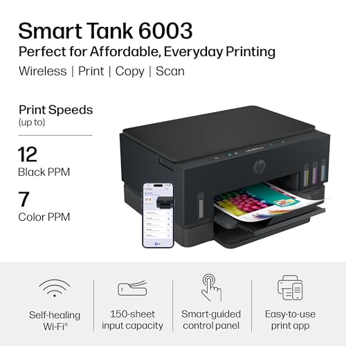 HP Smart Tank 6003 Wireless All-in-One Ink Tank Printer, Scanner, Copier with up to 3 Years of Ink Included, Best-for-Home, Cartridge-Free Refillable, AI-Capable (D35XXA)