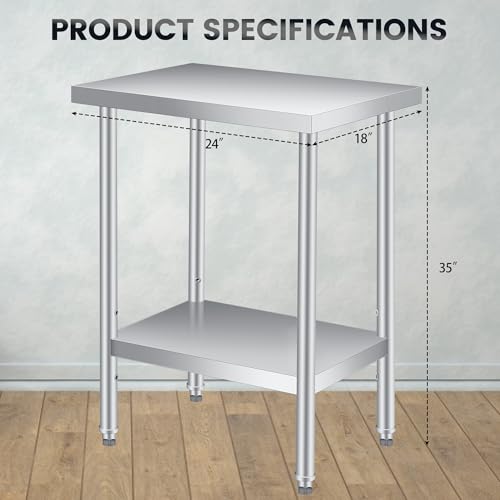 18*24*35in Stainless Steel Table NSF Heavy Duty Commercial Kitchen Prep and Work Table with Undershelf with Adjustable Leveling Feet for Restaurant, Food Truck, Small Kitchen, Home Bar, Hotel Buffet