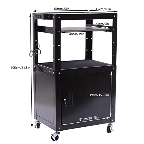 Steel Large AV Cart with Extra Storage, Adjustable Height Steel Large Media Presentation Cart Rolling Metal Storage Stand with Locking Cabinet, Pullout Tray, Power Strip