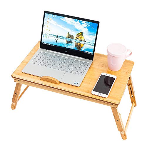 Adjustable Laptop Desk, 100% Bamboo Multifunctional Table Breakfast Serving Tray Lap Desk with Tilting Shelf, Folding Legs, Drawer - Double Flowers Wood Color