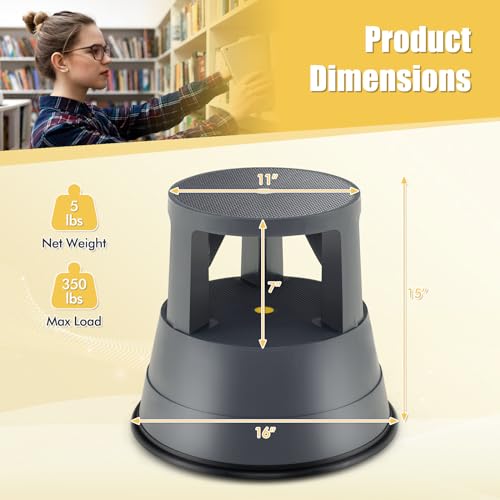 SPORFIT Rolling Step Stool with Retractable Spring Casters and Sitting Function, Kik Stool with 3 Movable Rolling Wheels, Two Step Stool for Home Office Library Kitchen, Premium PP, Gray