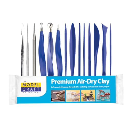 Modelcraft 15pc Sculpting Tool and Clay Modelling Set, 14 Tools with 26 Profiles, Includes 300g Air-Dry Clay, for Dioramas and Miniatures
