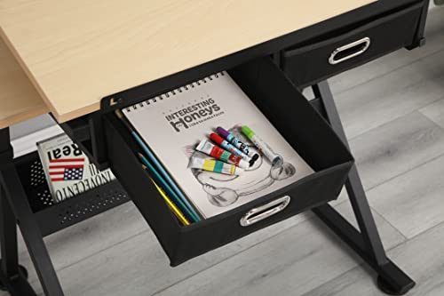 Acosure Drawing Desk with 2 Drawers and Stool,Bottom of The Drafting Table Legs W/Adjustable Angles,Tabletop can be Tilted,for Home,Office,School,White Oak