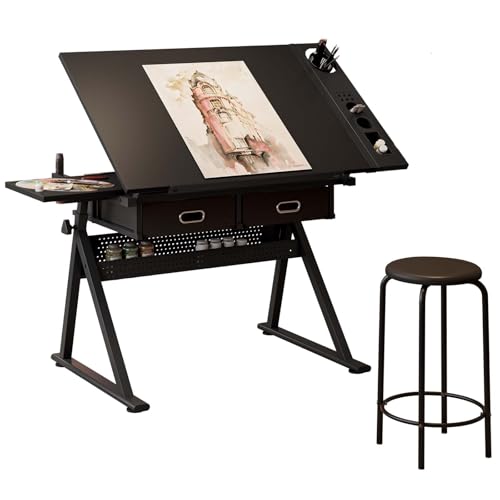 38.58" W Drawing Desk & Art Table for Adults，Tilting Drafting Table with Storage and Stool, Height Adjustable Height Painting Desk with Drawers for Home|Office|Reading|Writing|Crafting (Black)