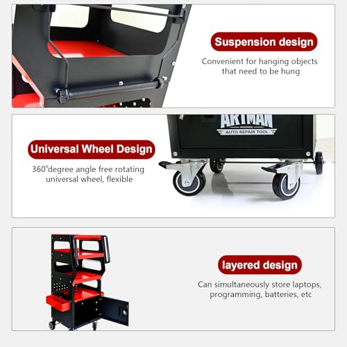 4-Level Diagnostic Tool Cart, 46.85H x 16.93W x 15.35D inches, Rolling Storage Trolley with Lock, Black and Red