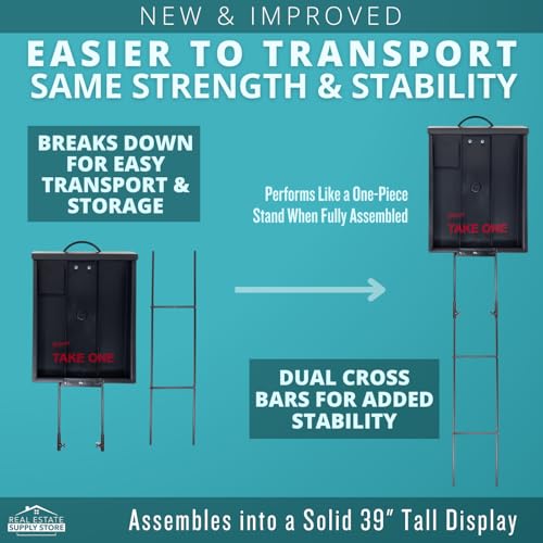 Outdoor Real Estate Brochure Box with Portable Two-Piece Metal Yard Stand Holds 250 Flyers, 60 Business Cards Easy-Install Marketing Display (1 Pack - Black)