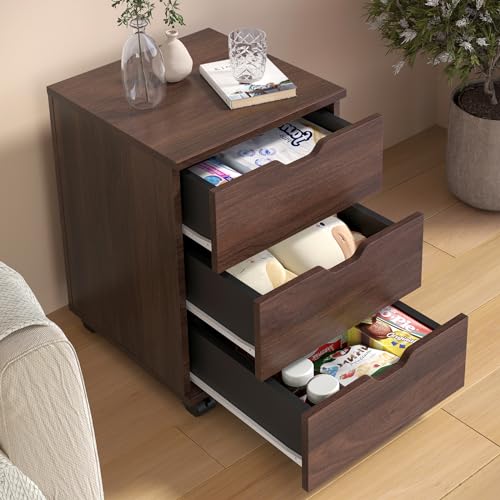 TERRUPEX Rolling File Cabinet for Home Office, 3-Drawer Vertical Mobile Filing Cabinet Under Desk, Small Wooden Storage Unit with Casters, White Mobile File Cabinets for A4/Letter (Brown)