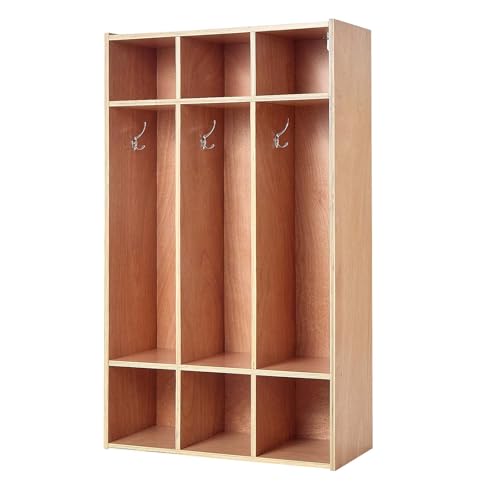 VEVOR 3-Section Coat Locker, Kids Lockers with 6 Hooks & Non-Slip Mat, Classroom Cubbies for Daycare, Home, Kindergarten- Natural